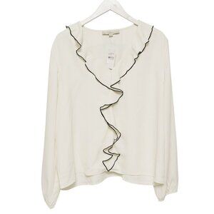 LOFT Ruffle Front Blouse Large Cream Black Flounce Secretary Top NWT